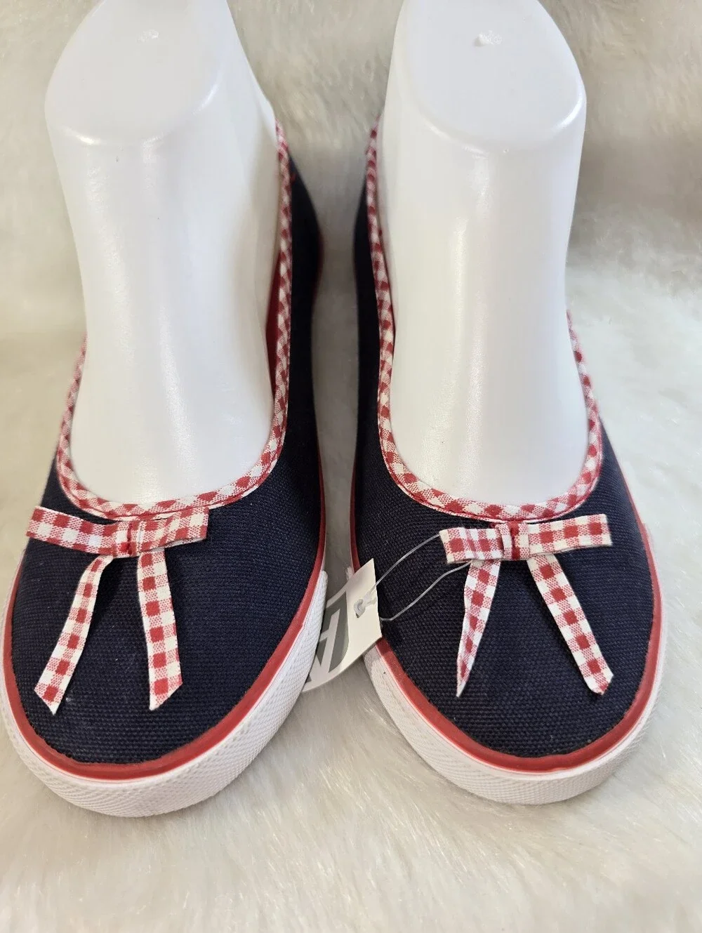 Lands End Girls Navy Canvas Ballet Flats with Red Gingham Trim & Bow